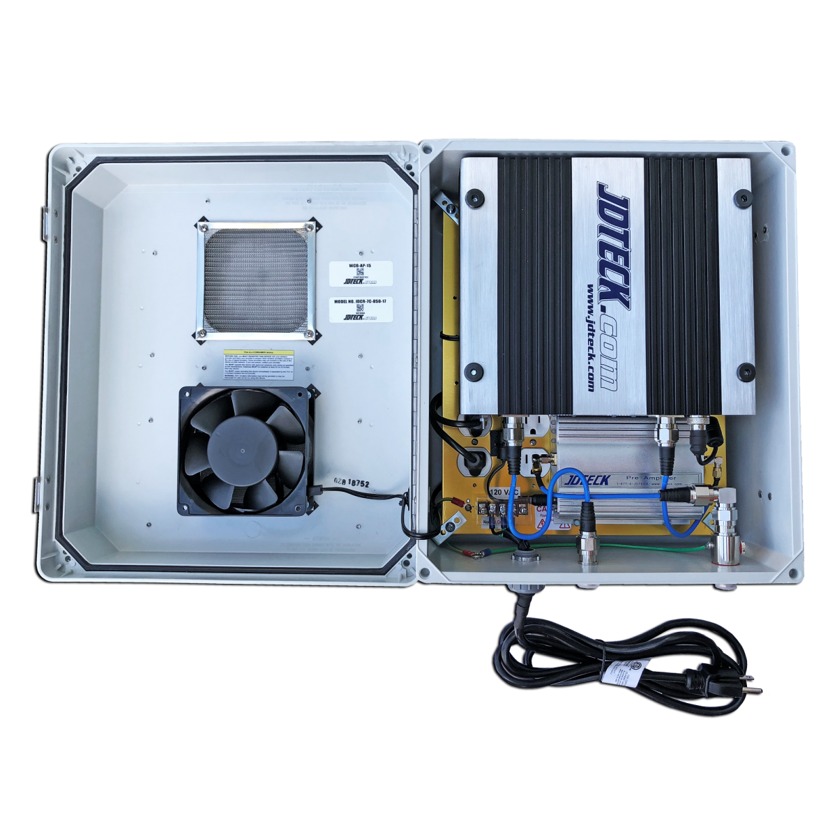 Custom built dual band cell booster for outdoor applications. Typically used in the oil & gas industry. Covers about 250,000 sqft of open space.