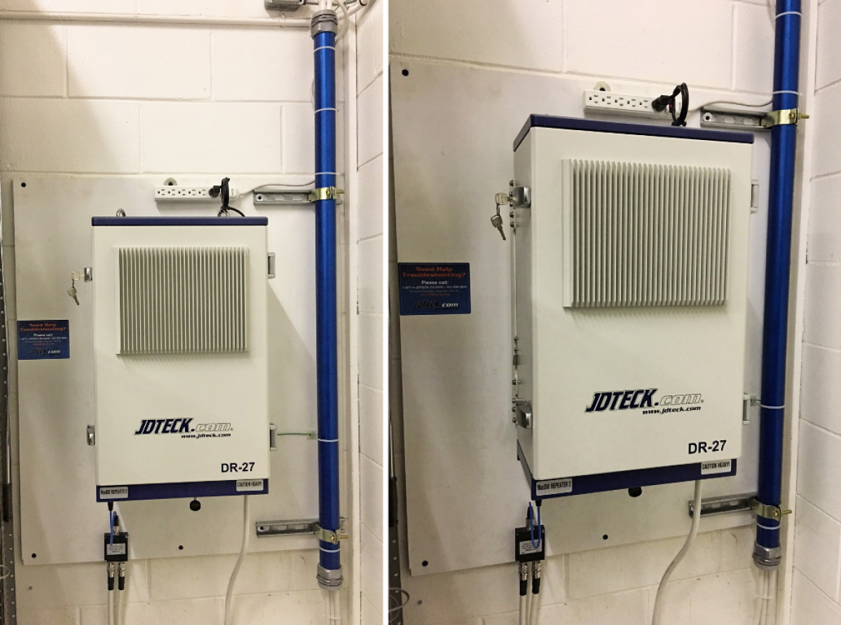 27dBm Quad Band Digital Repeater deployed at government facility. All wireless service providers supported and optimized with just one repeater. Customer just loves that blue conduit!