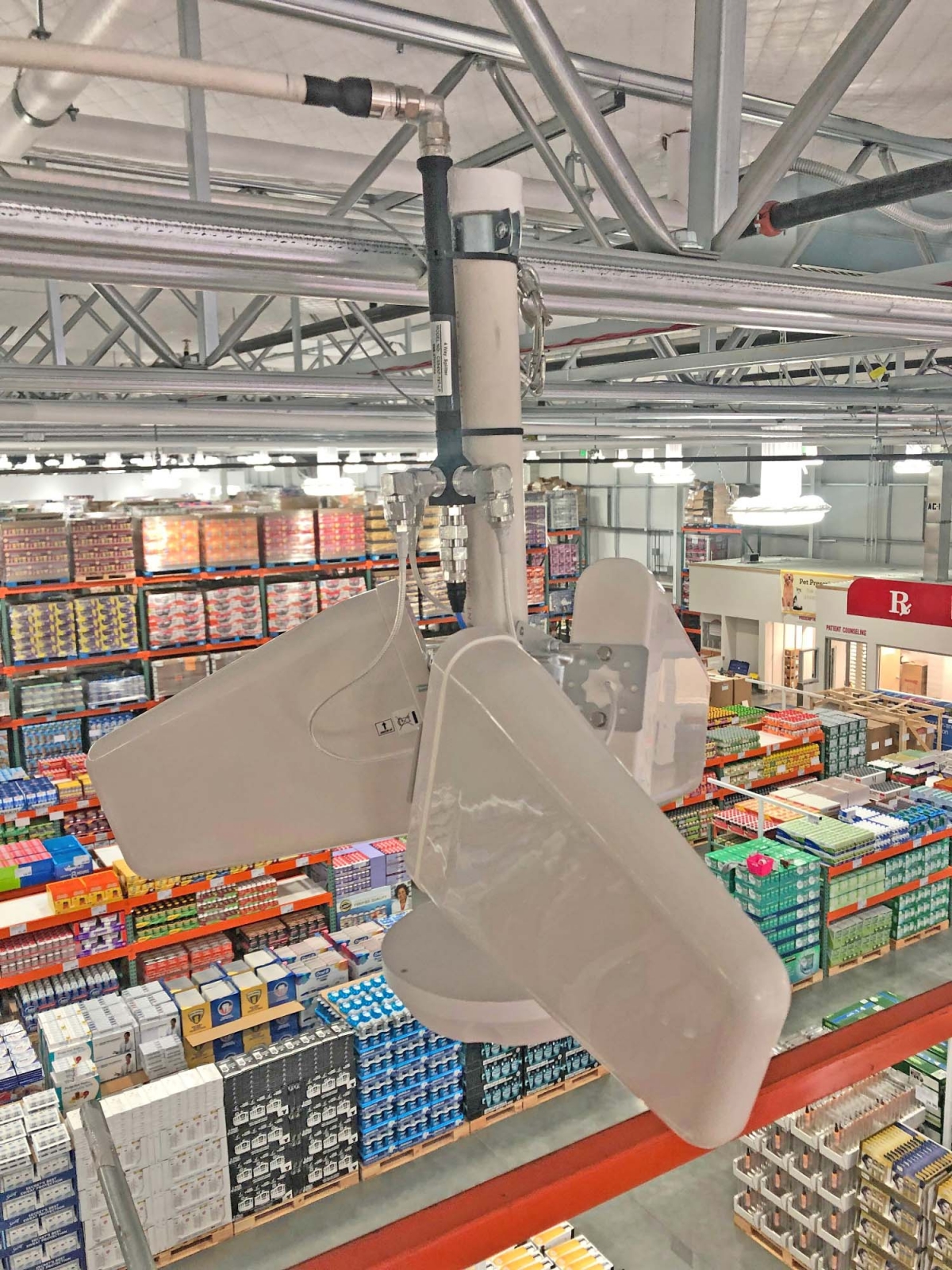 Custom engineered antenna array designed for large warehouses, deployed here at a Costco warehouse. 